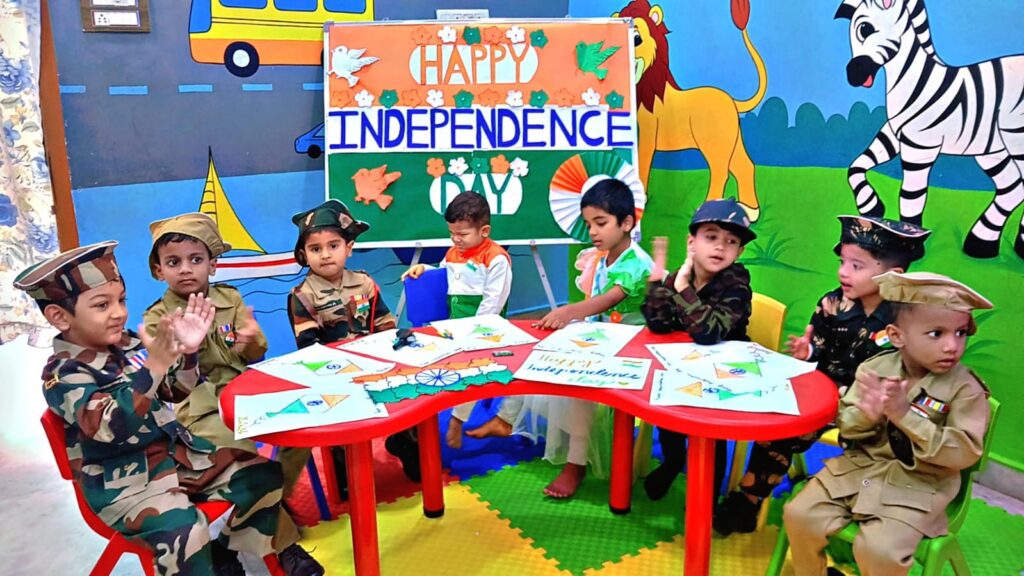 Children in Independence Day costumes doing a craft activity together at Stepping Stone Day Care & Play School