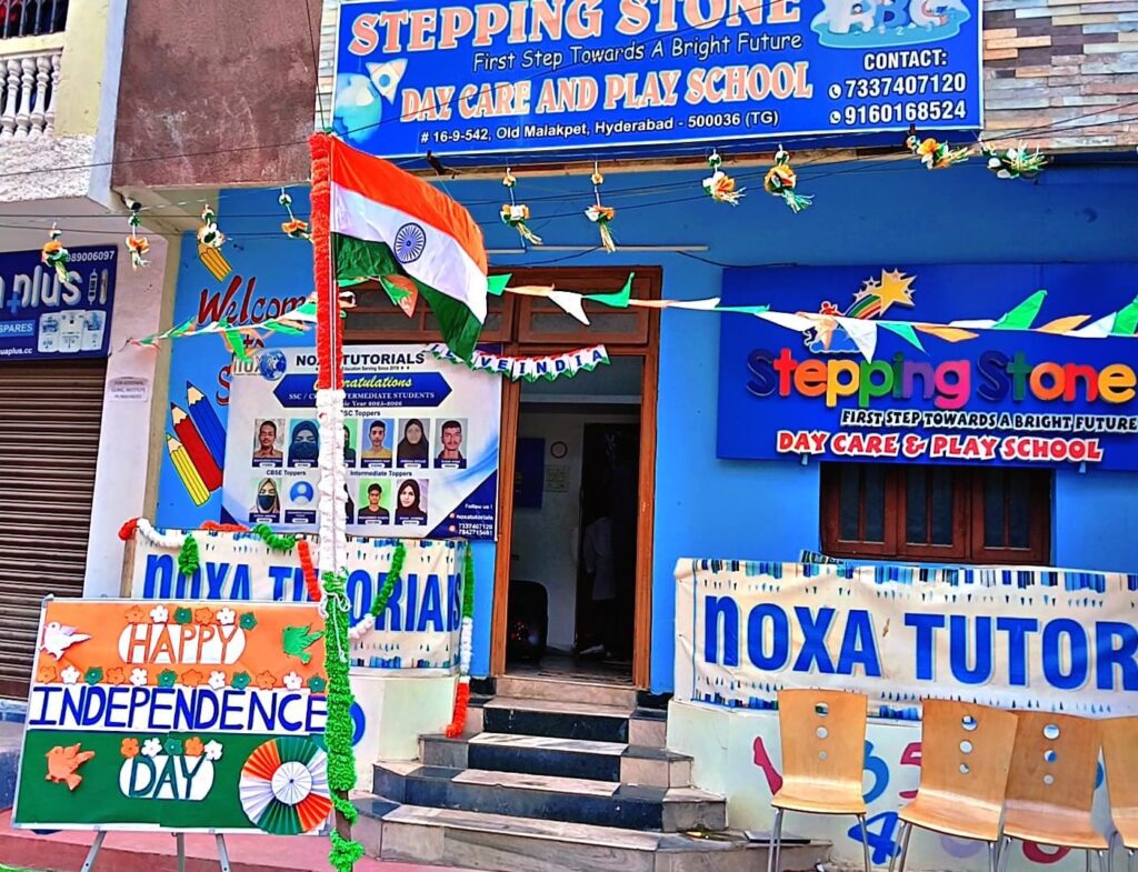 Stepping Stone Day Care and Play School storefront, 16-9-523 Qutub Shahi Rd, Ajantha Colony, Old Malakpet, Hyderabad, decorated for Independence Day