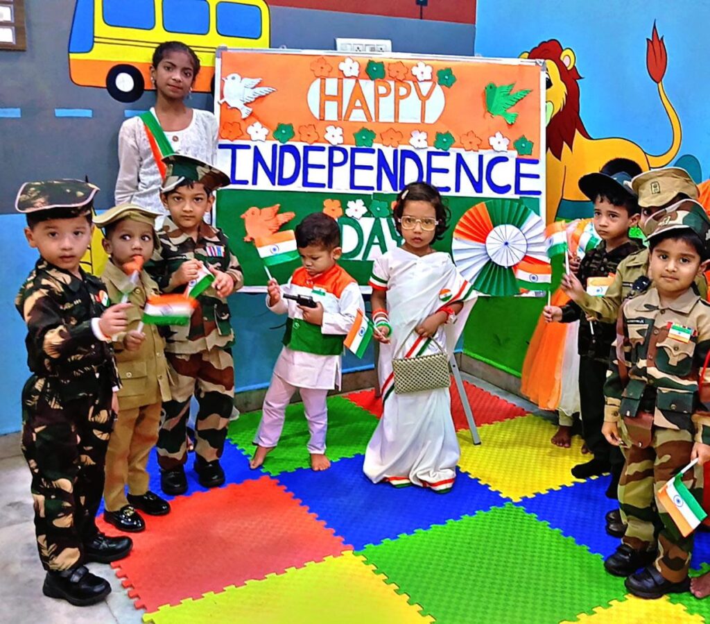 Children dressed as soldiers and in tricolour outfits celebrating Independence Day at Stepping Stone Day Care & Play School, Malakpet