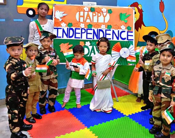 Children dressed as soldiers and in tricolour outfits celebrating Independence Day at Stepping Stone Day Care & Play School, Malakpet