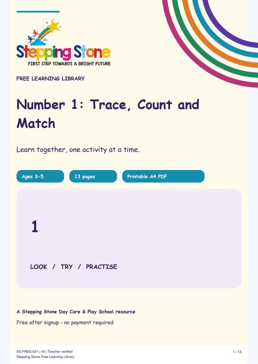 Number 1: Trace, Count and Match (Free Printable PDF)