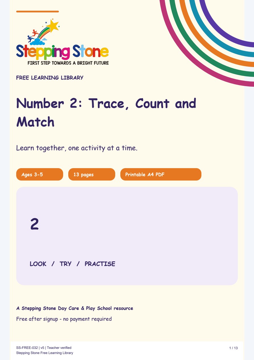 Number 2: Trace, Count and Match (Free Printable PDF)