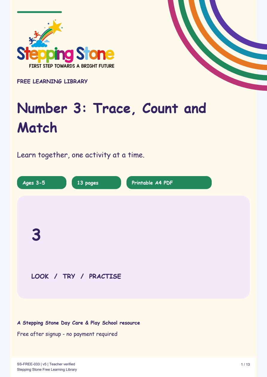 Number 3: Trace, Count and Match (Free Printable PDF)