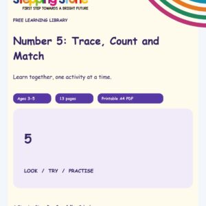 Number 5: Trace, Count and Match (Free Printable PDF)