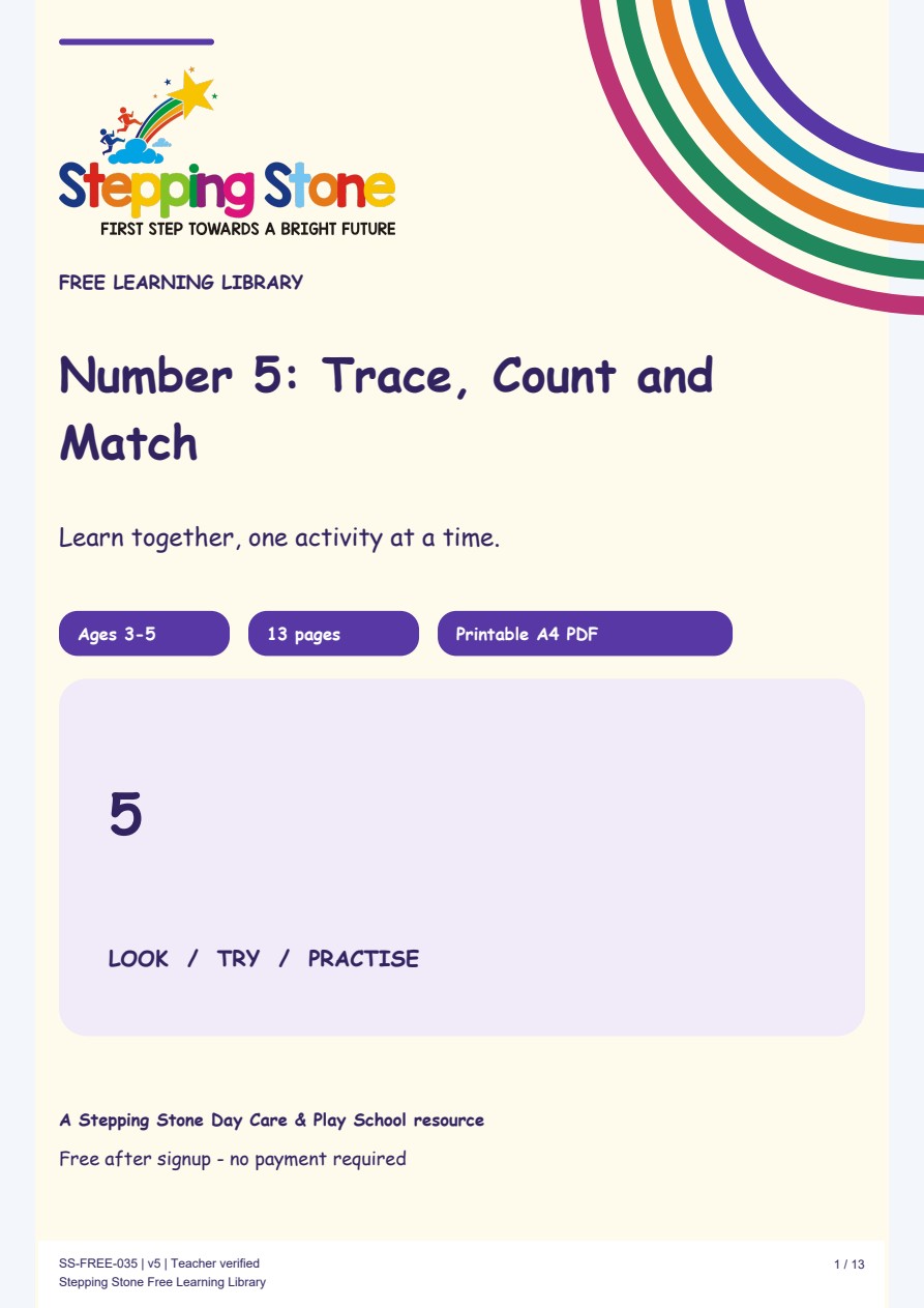 Number 5: Trace, Count and Match (Free Printable PDF)