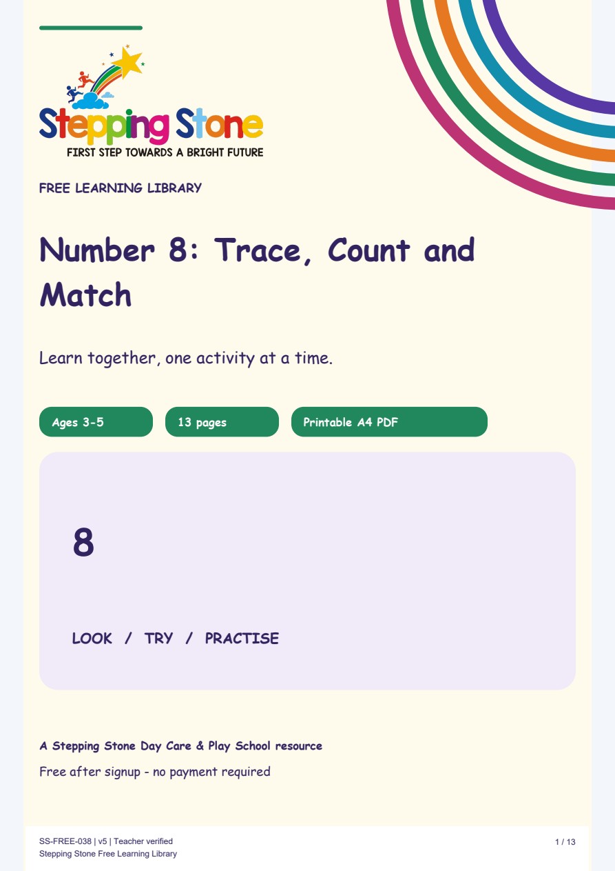 Number 8: Trace, Count and Match (Free Printable PDF)