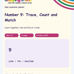 Number 9: Trace, Count and Match (Free Printable PDF)
