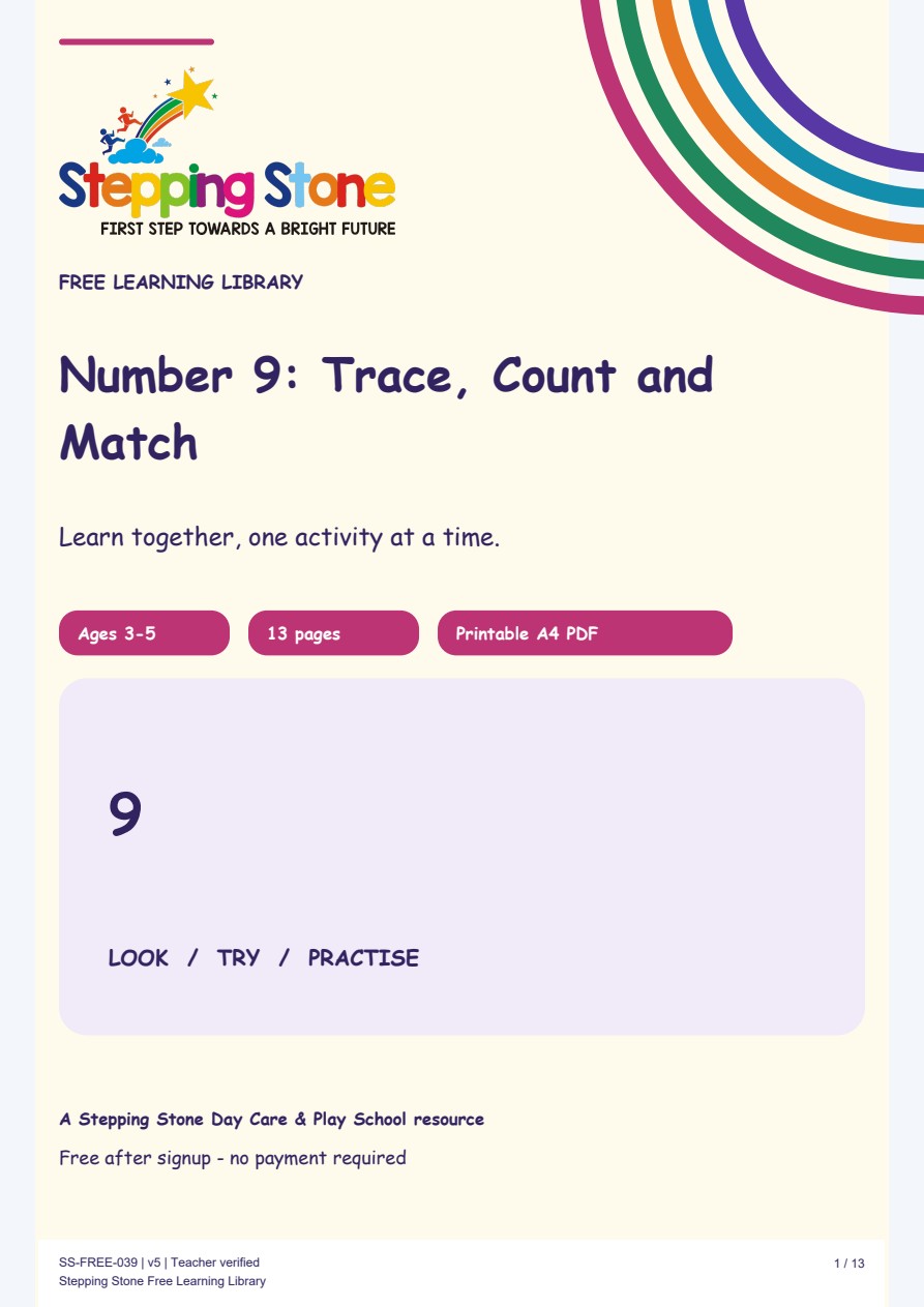 Number 9: Trace, Count and Match (Free Printable PDF)