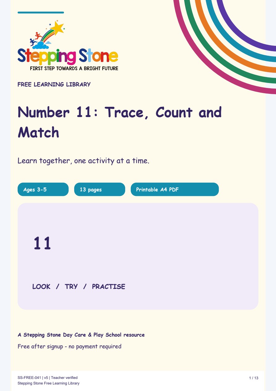 Number 11: Trace, Count and Match (Free Printable PDF)