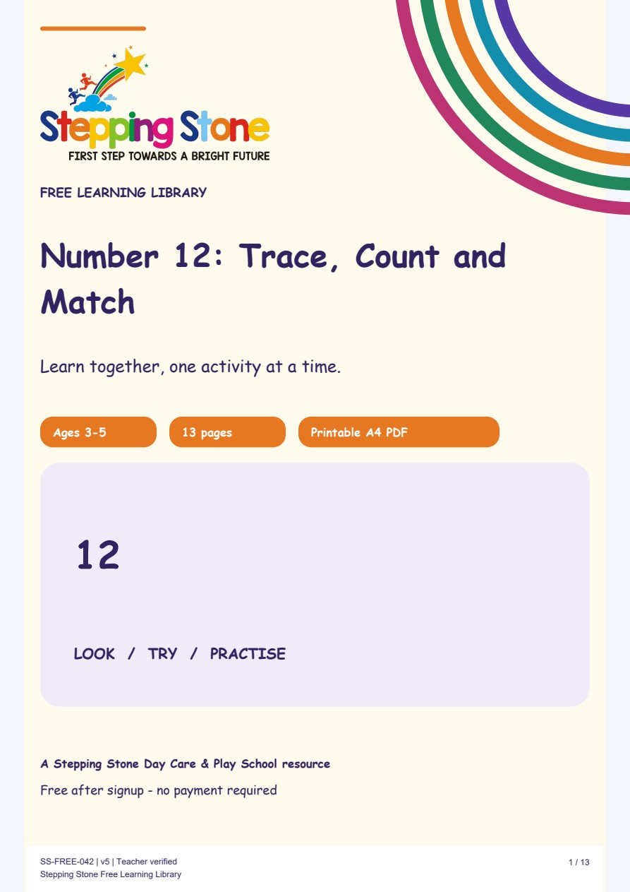 Number 12: Trace, Count and Match (Free Printable PDF)