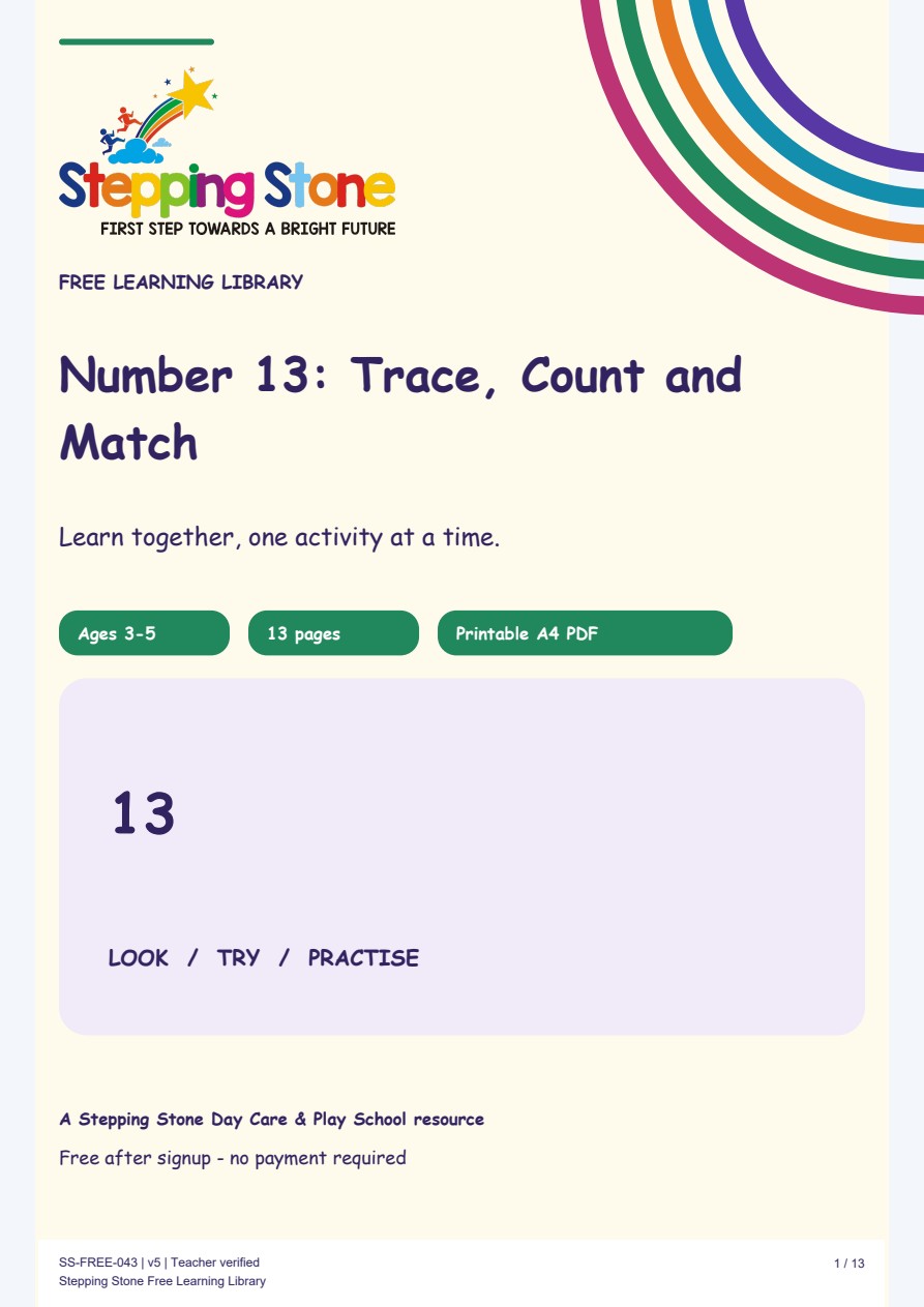 Number 13: Trace, Count and Match (Free Printable PDF)