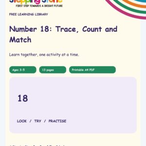 Number 18: Trace, Count and Match (Free Printable PDF)