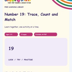 Number 19: Trace, Count and Match (Free Printable PDF)