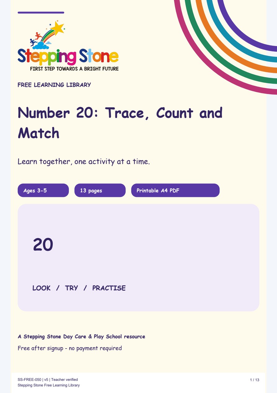 Number 20: Trace, Count and Match (Free Printable PDF)