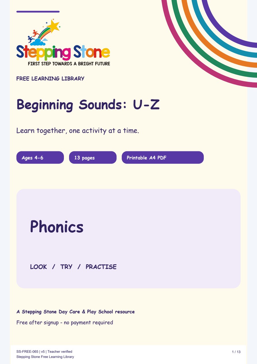 Beginning Sounds: U–Z (Free Printable PDF)
