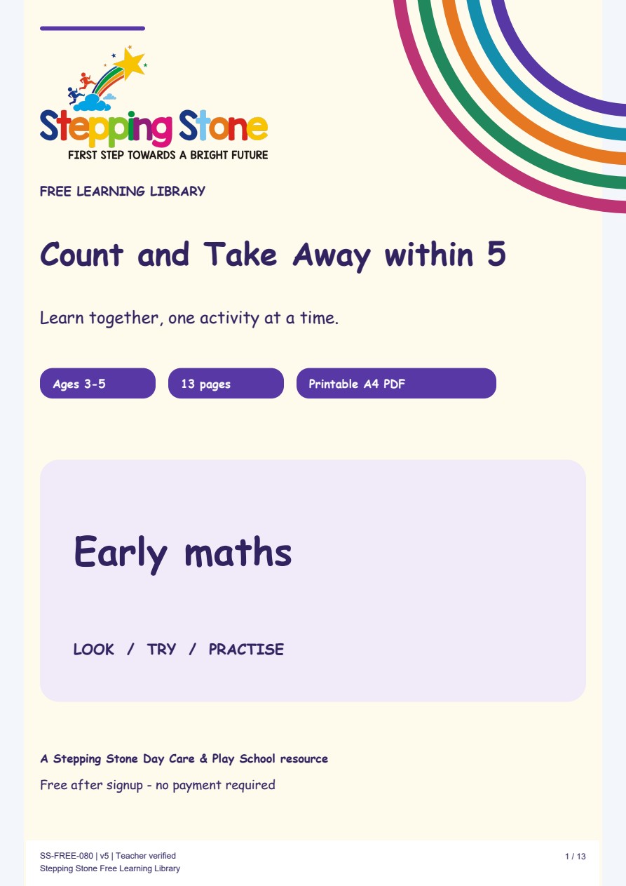 Count and Take Away within 5 (Free Printable PDF)