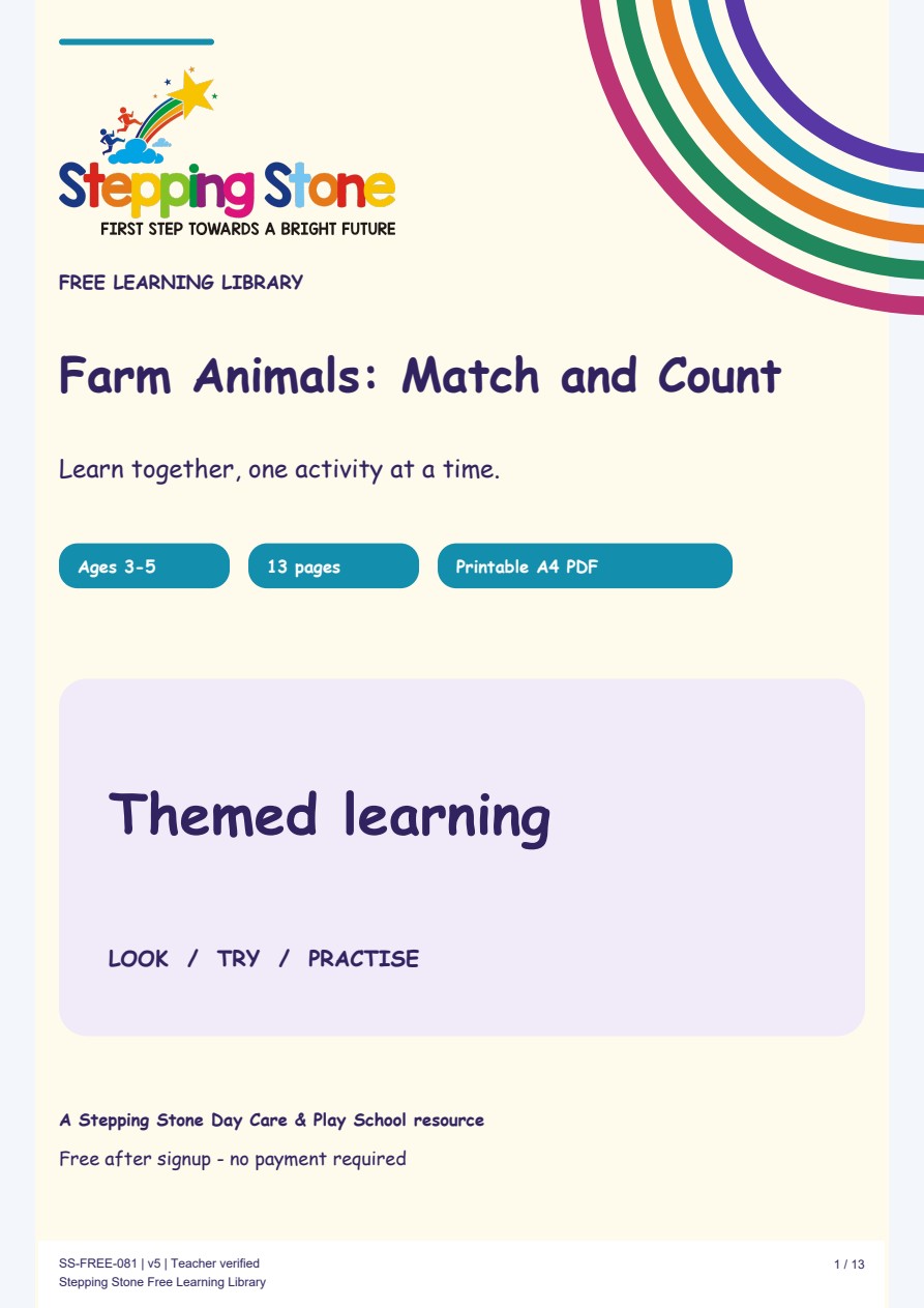 Farm Animals: Match and Count (Free Printable PDF)