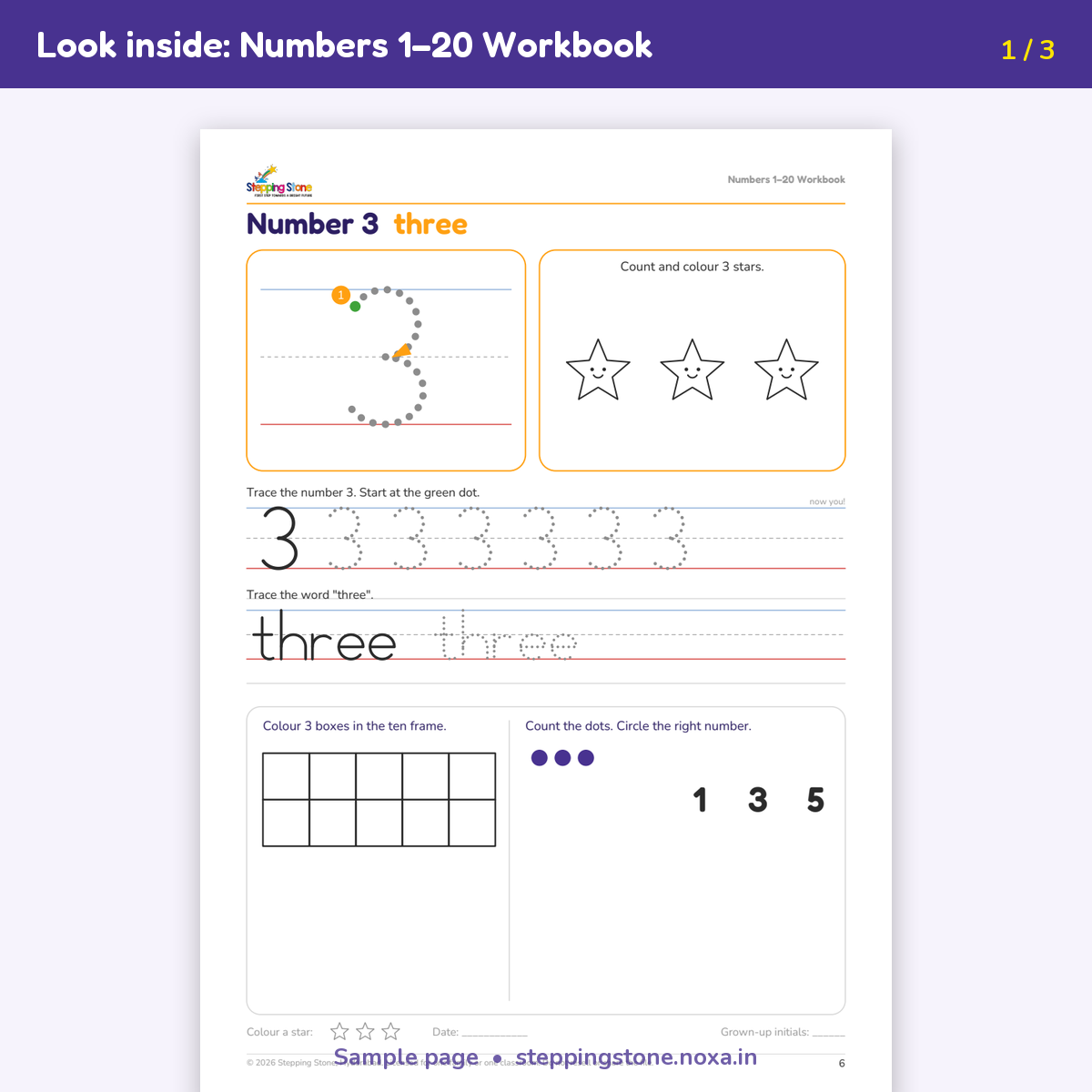 Sample page from the Numbers 1–20 Workbook – Stepping Stone