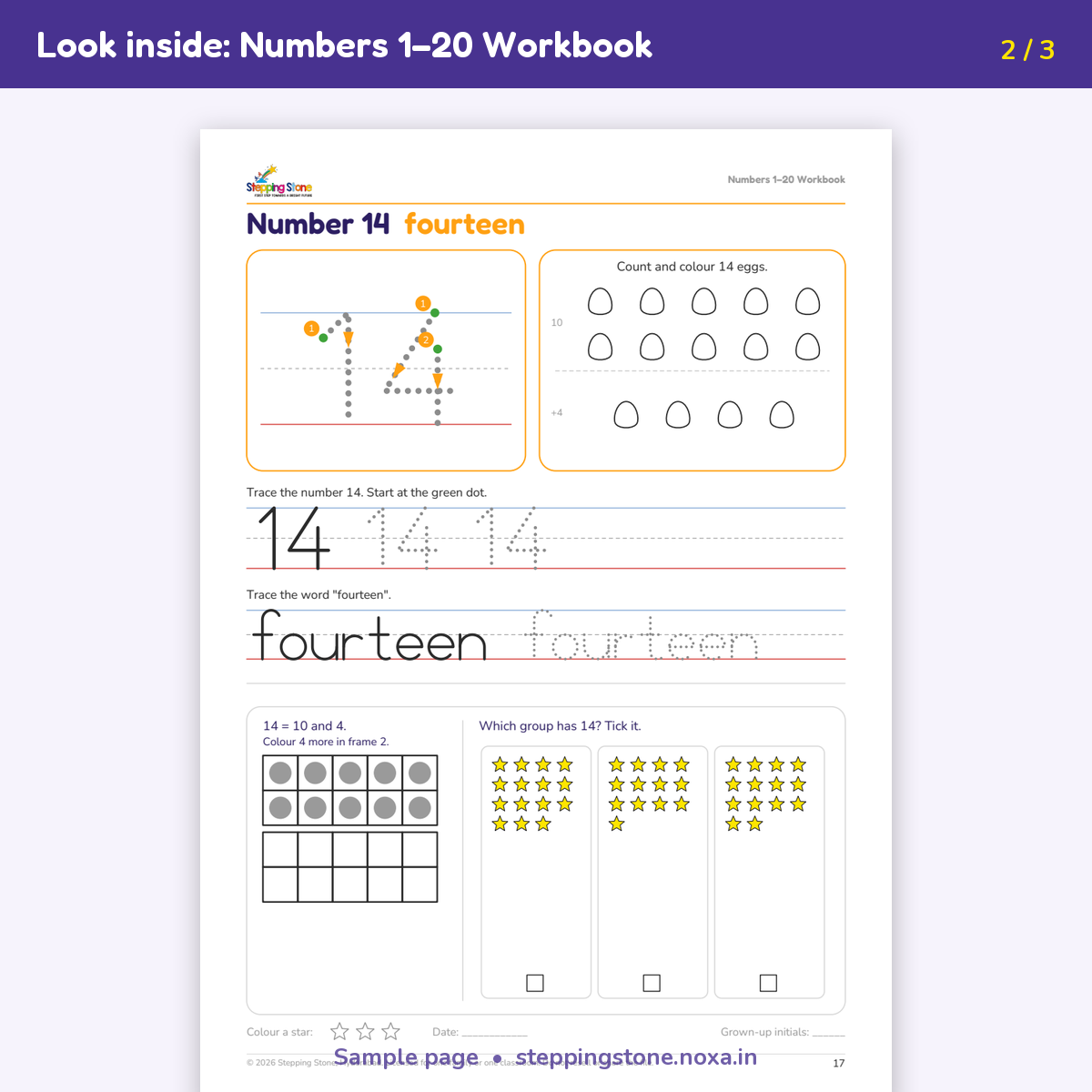 Sample page from the Numbers 1–20 Workbook – Stepping Stone