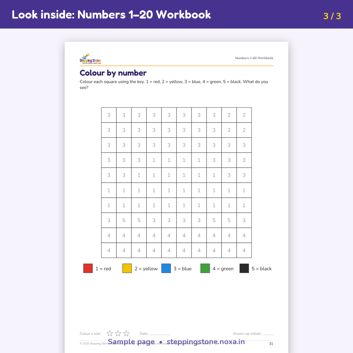 Sample page from the Numbers 1–20 Workbook – Stepping Stone