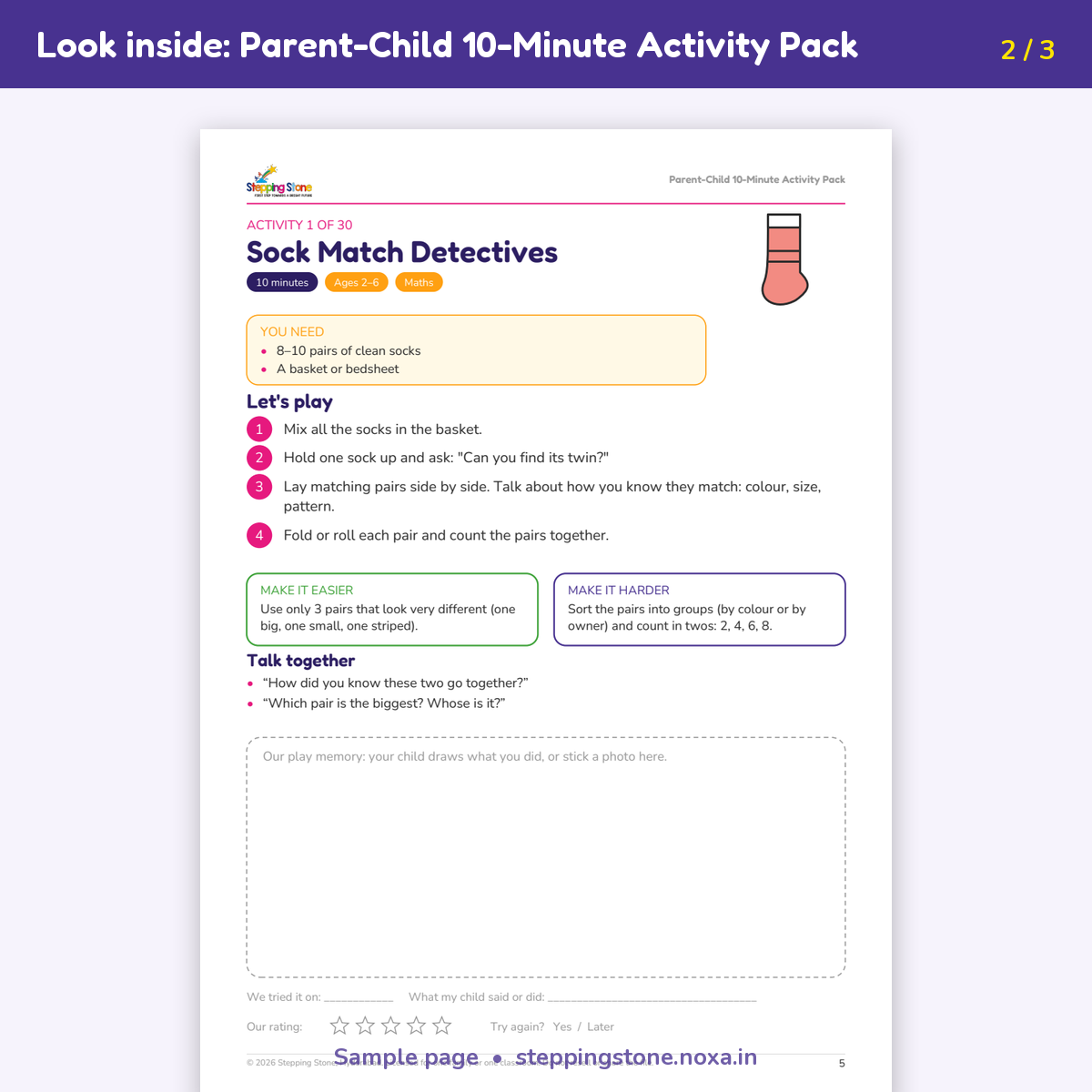 Sample page from the Parent-Child 10-Minute Activity Pack – Stepping Stone
